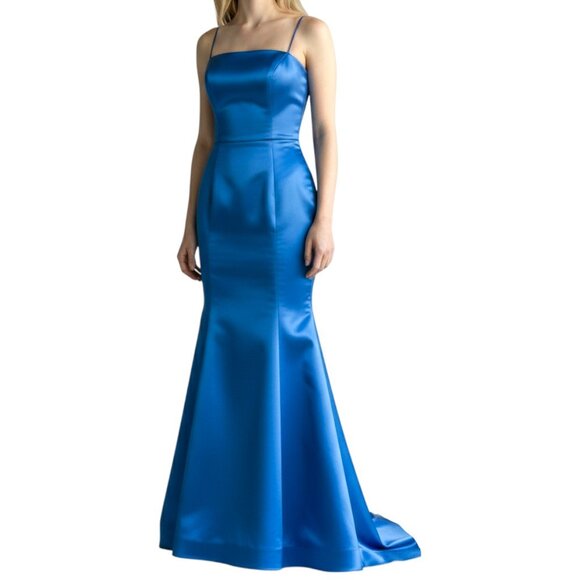 Jovani Blue Satin Sleeveless Rhinestone U Back Mermaid Trumpet Long Dress Sz 10 - Picture 1 of 15
